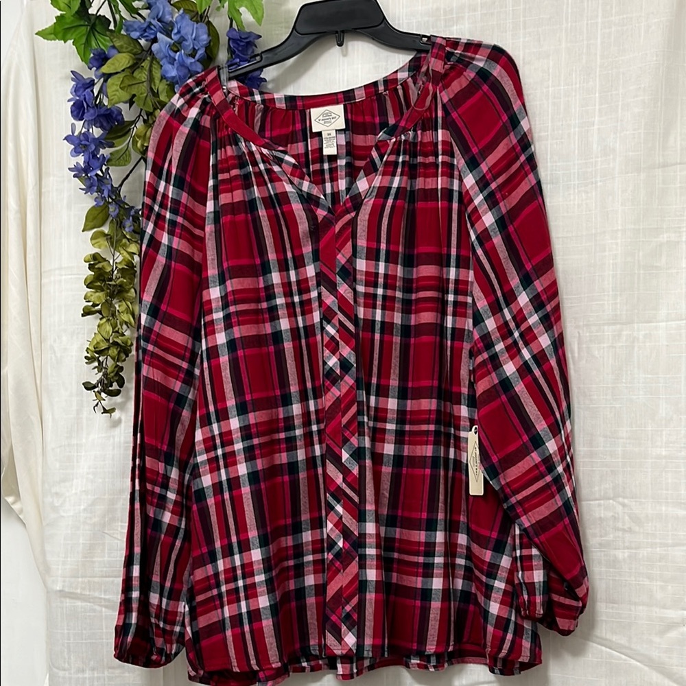 St. John's Bay Red and Black Long Sleeve Tie Front Blouse